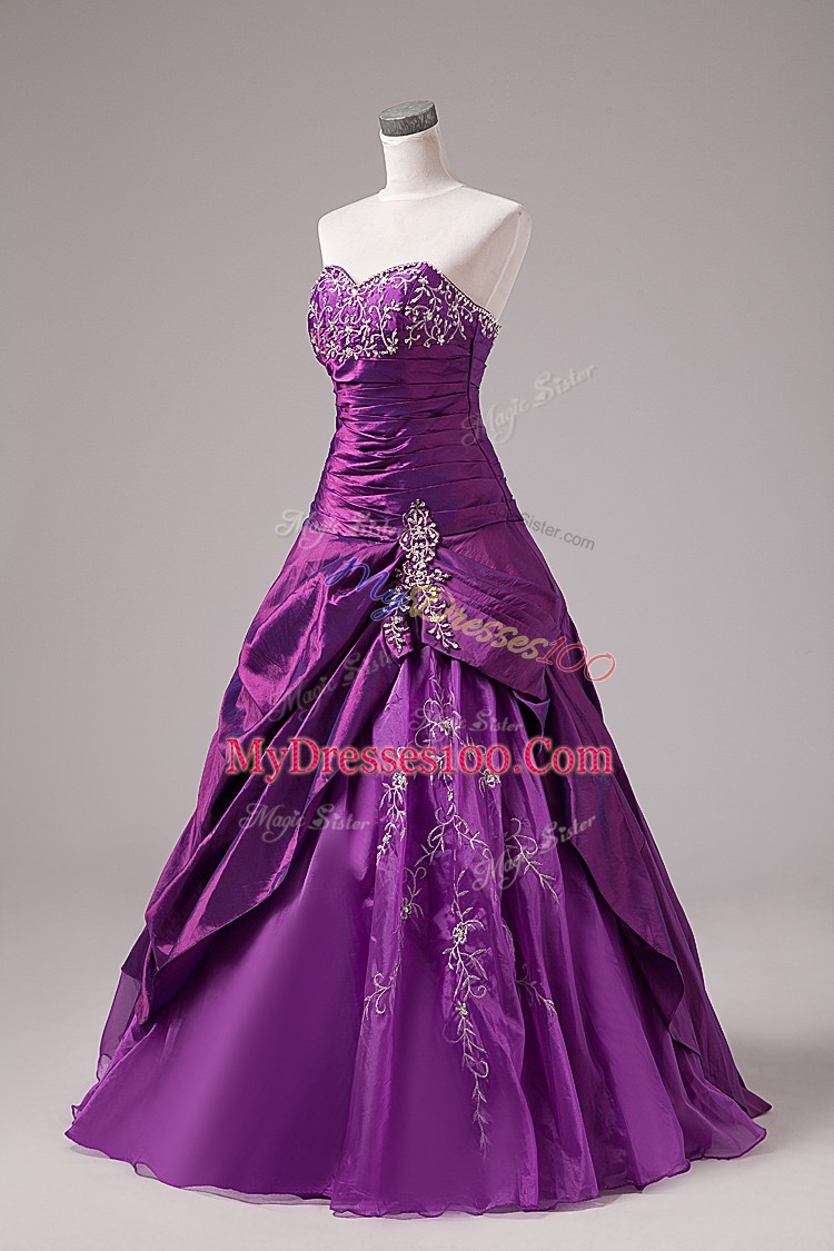 Glamorous Embroidery Quinceanera Gowns Eggplant Purple Lace Up Sleeveless Floor Length