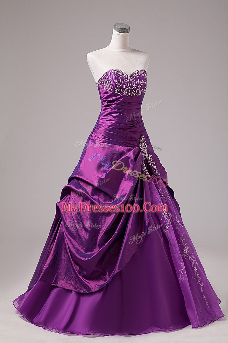 Glamorous Embroidery Quinceanera Gowns Eggplant Purple Lace Up Sleeveless Floor Length