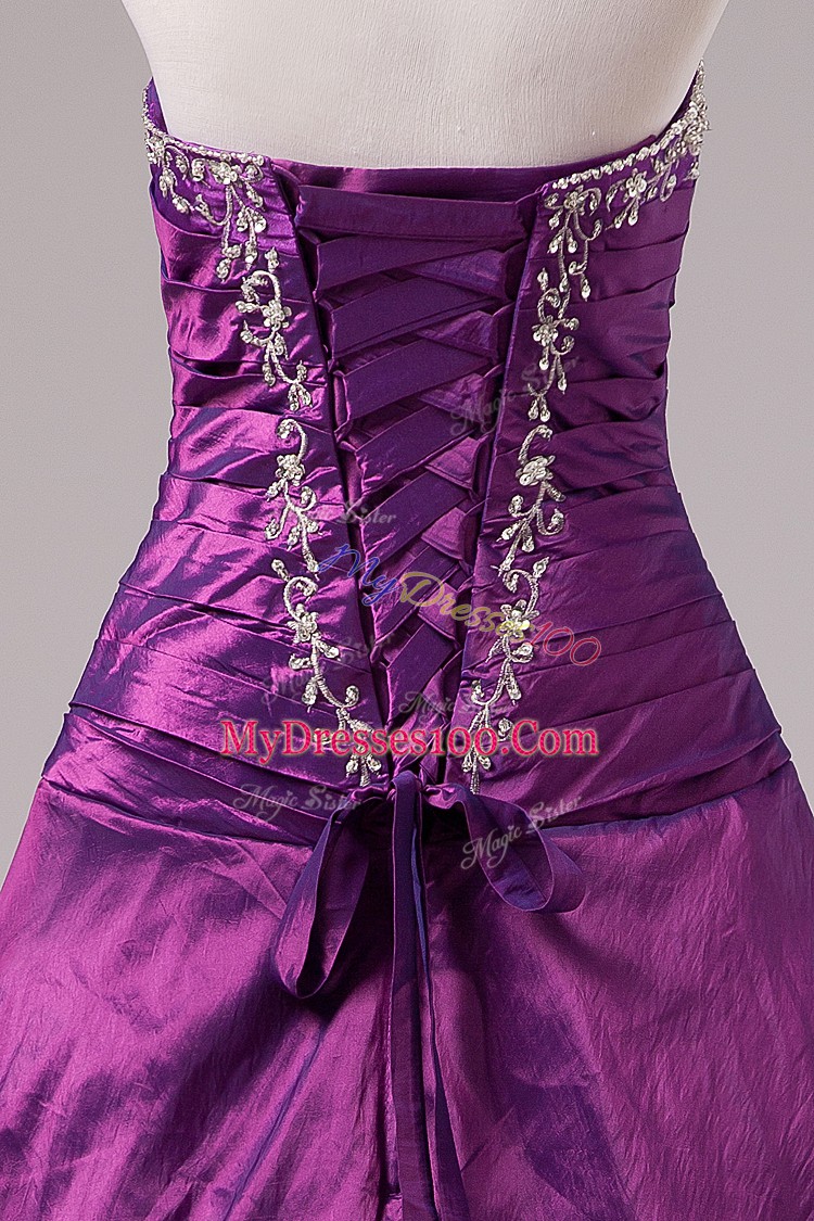 Glamorous Embroidery Quinceanera Gowns Eggplant Purple Lace Up Sleeveless Floor Length