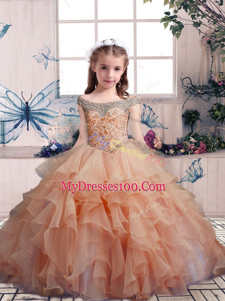 Peach Ball Gowns Organza Scoop Sleeveless Beading and Ruffles Floor Length Lace Up Child Pageant Dress