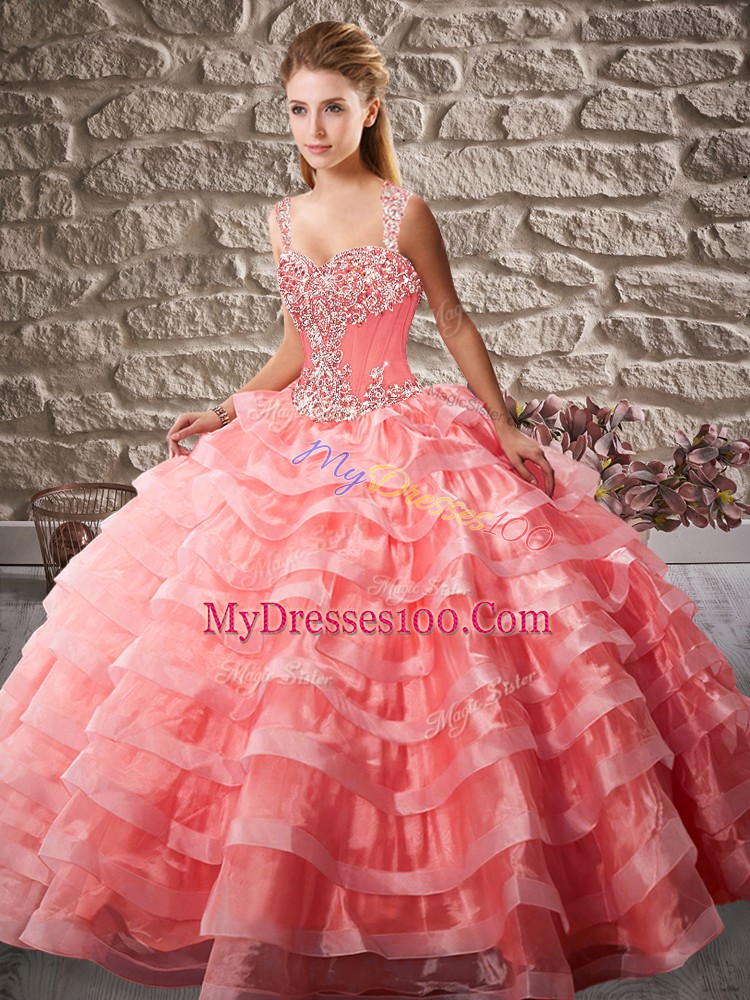 Latest Watermelon Red Sleeveless Beading and Ruffled Layers Lace Up 15th Birthday Dress