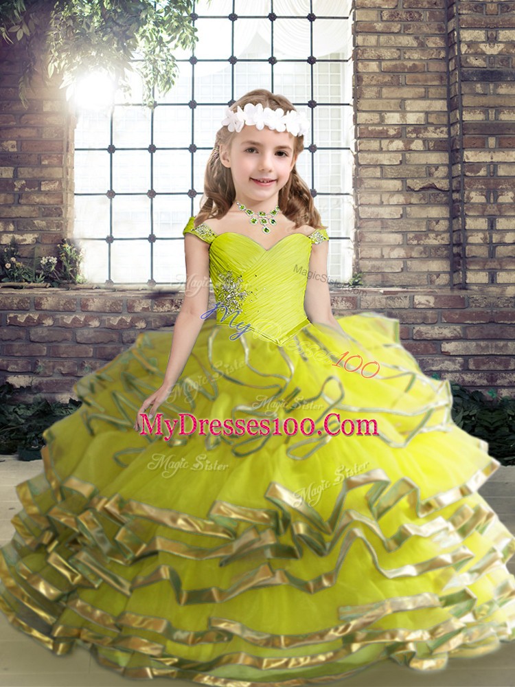 Organza Sleeveless Floor Length Pageant Gowns and Beading and Ruffles
