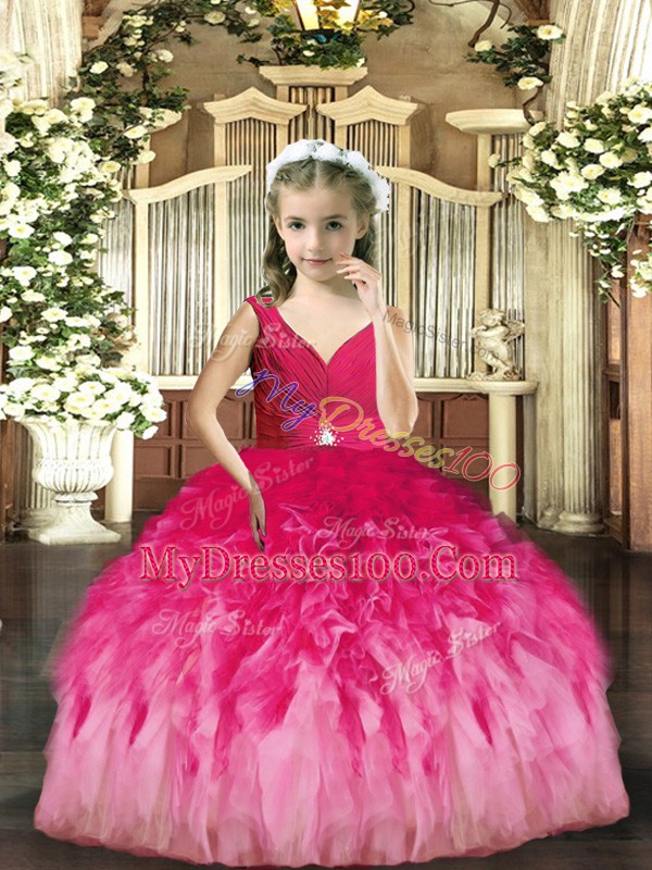 Tulle Sleeveless Floor Length Kids Pageant Dress and Beading and Ruffles