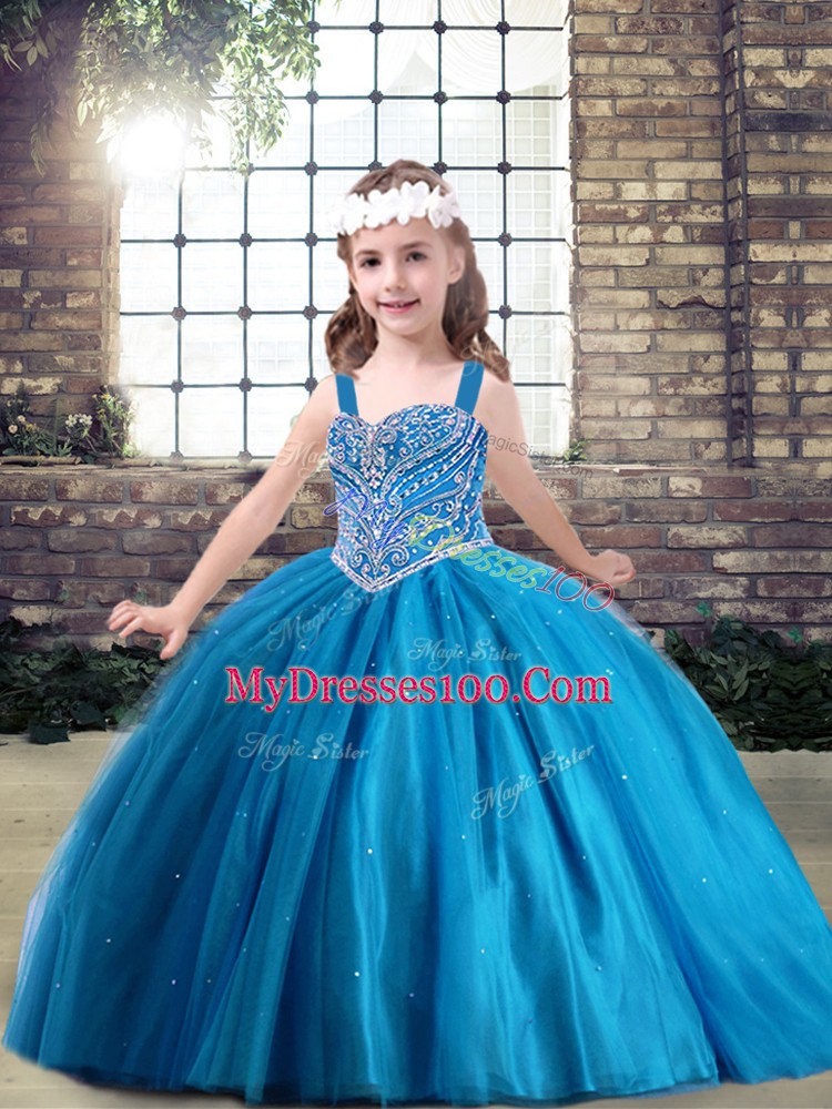 Beading Kids Formal Wear Blue Lace Up Sleeveless Floor Length