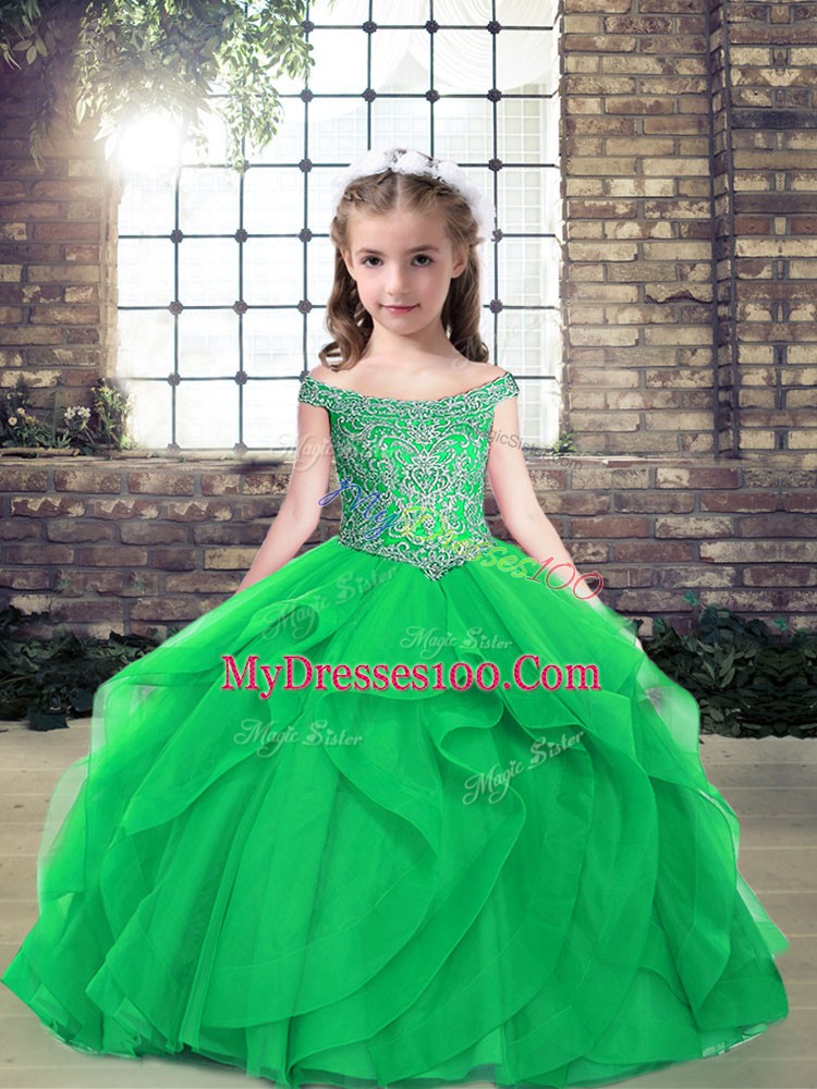 Hot Selling Tulle Off The Shoulder Sleeveless Lace Up Beading Pageant Gowns For Girls in Green