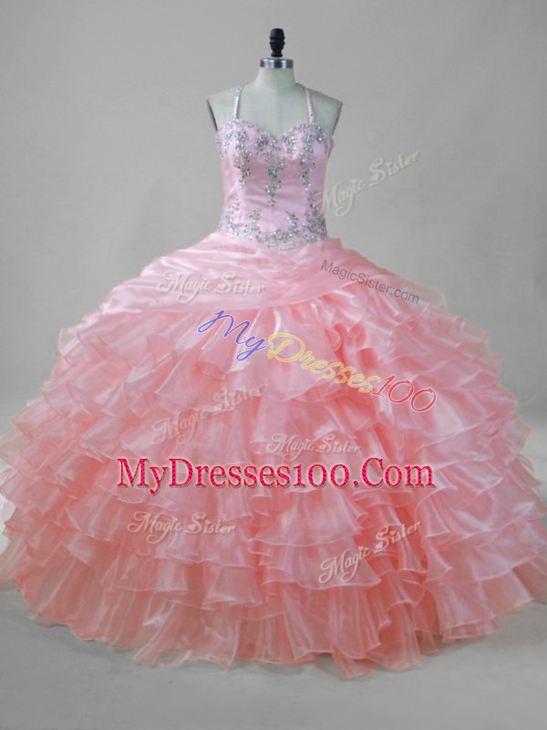 Elegant Pink Sleeveless Beading and Ruffled Layers Floor Length Wedding Guest Dresses