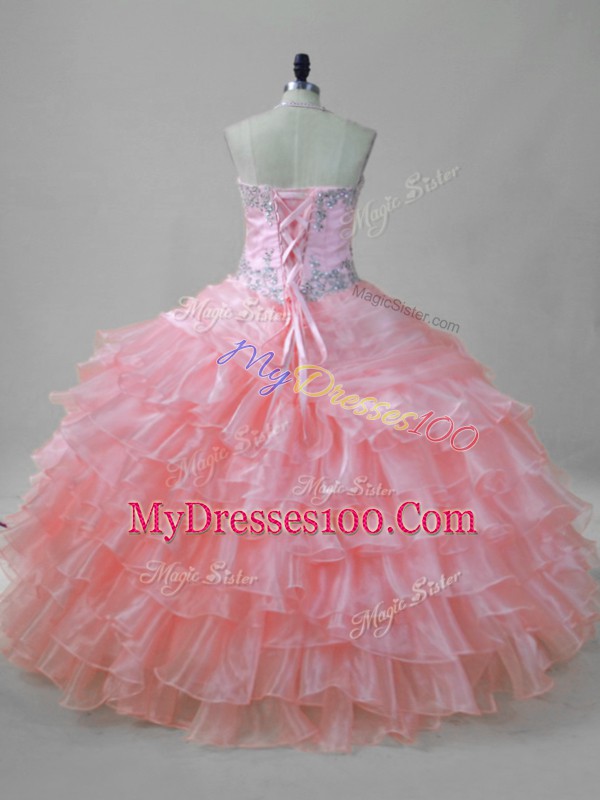 Elegant Pink Sleeveless Beading and Ruffled Layers Floor Length Wedding Guest Dresses