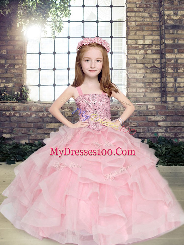Custom Made Pink Sleeveless Floor Length Beading and Ruffles Lace Up Child Pageant Dress