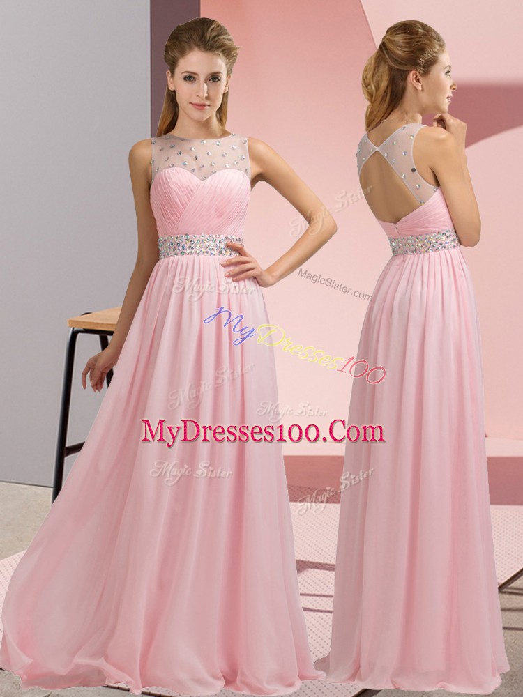 Exquisite Floor Length Baby Pink Prom Dresses Chiffon Sleeveless Beading