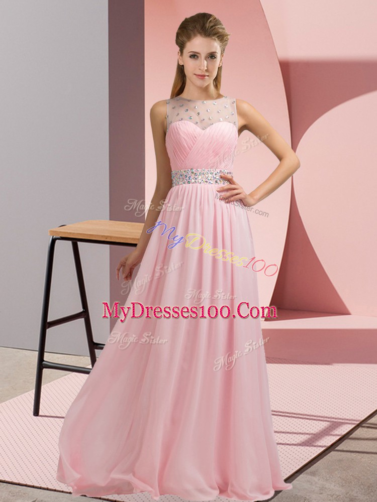Exquisite Floor Length Baby Pink Prom Dresses Chiffon Sleeveless Beading