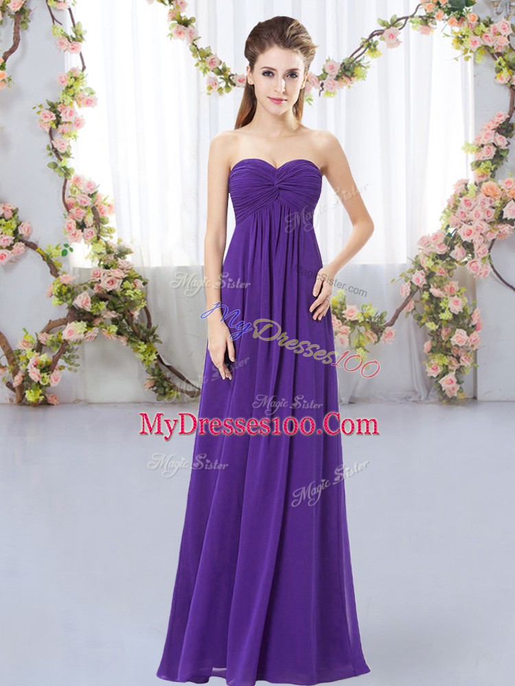 Admirable Purple Chiffon Zipper Sweetheart Sleeveless Floor Length Wedding Guest Dresses Ruching