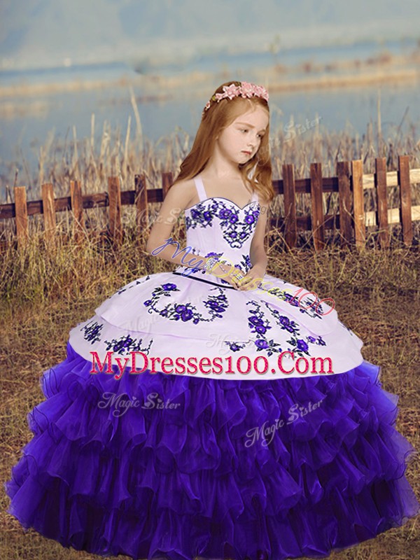 Customized Purple Straps Lace Up Embroidery and Ruffled Layers Pageant Gowns Sleeveless