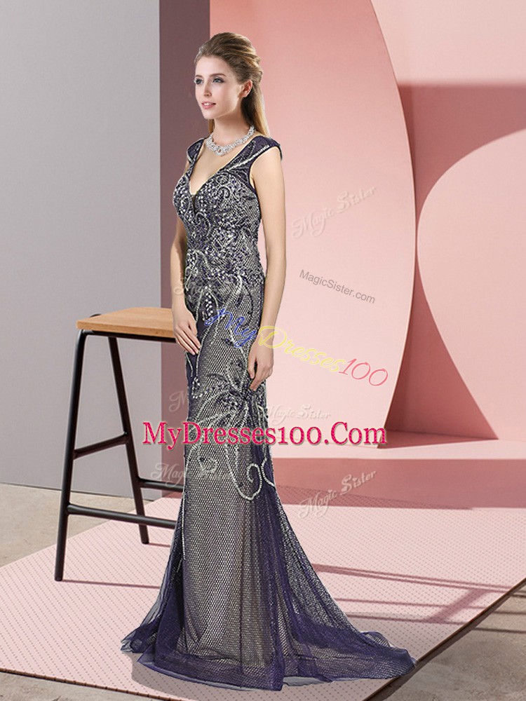 Purple V-neck Zipper Beading Prom Dress Sweep Train Sleeveless
