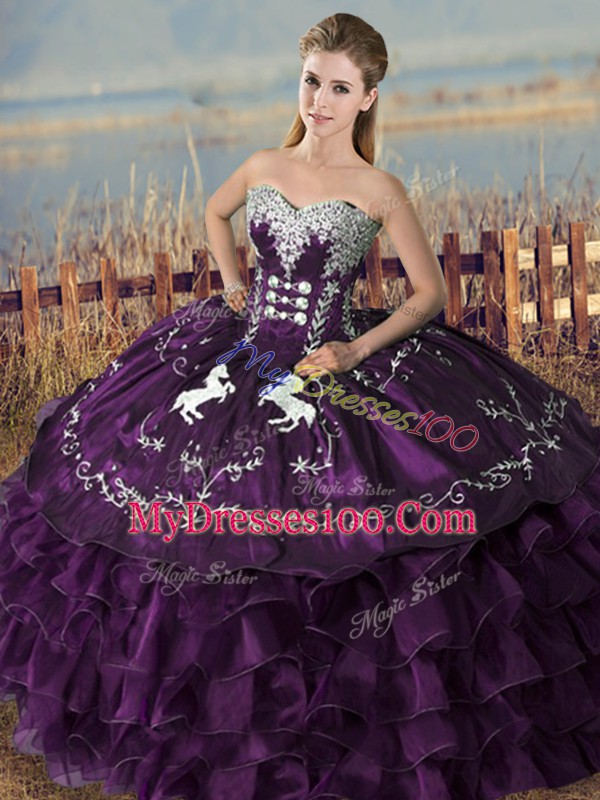 Shining Sleeveless Satin and Organza Floor Length Lace Up Quinceanera Dresses in Purple with Embroidery