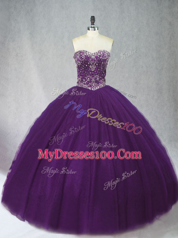Decent Purple Ball Gowns Tulle Sweetheart Sleeveless Beading Floor Length Lace Up Sweet 16 Quinceanera Dress