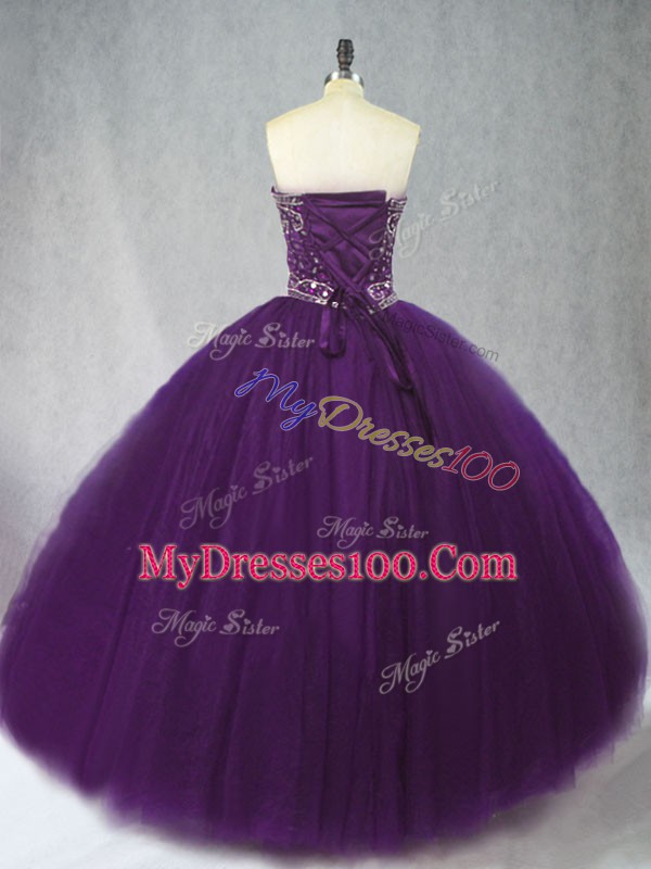 Decent Purple Ball Gowns Tulle Sweetheart Sleeveless Beading Floor Length Lace Up Sweet 16 Quinceanera Dress
