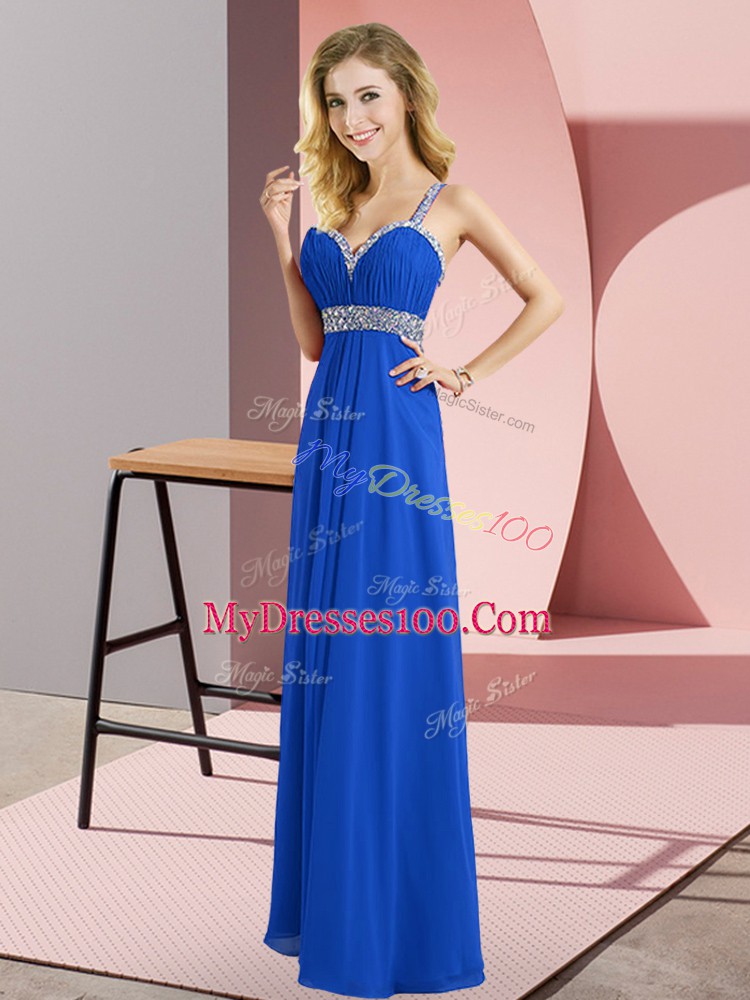 Inexpensive Straps Sleeveless Prom Dresses Floor Length Beading Royal Blue Chiffon