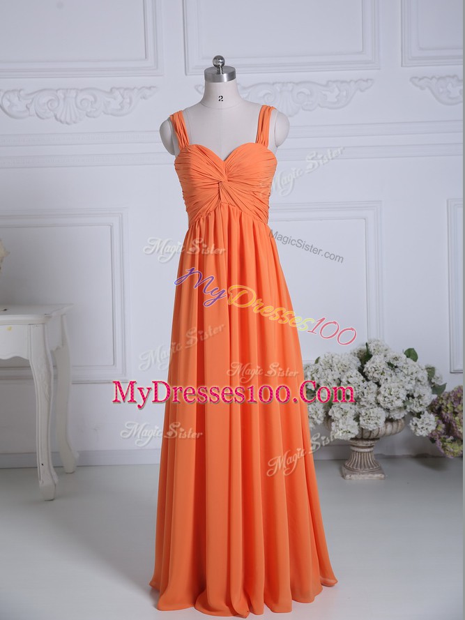 Orange Sleeveless Ruching Floor Length Quinceanera Dama Dress