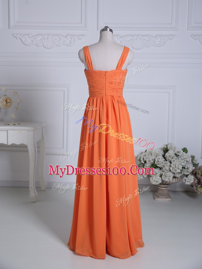 Orange Sleeveless Ruching Floor Length Quinceanera Dama Dress