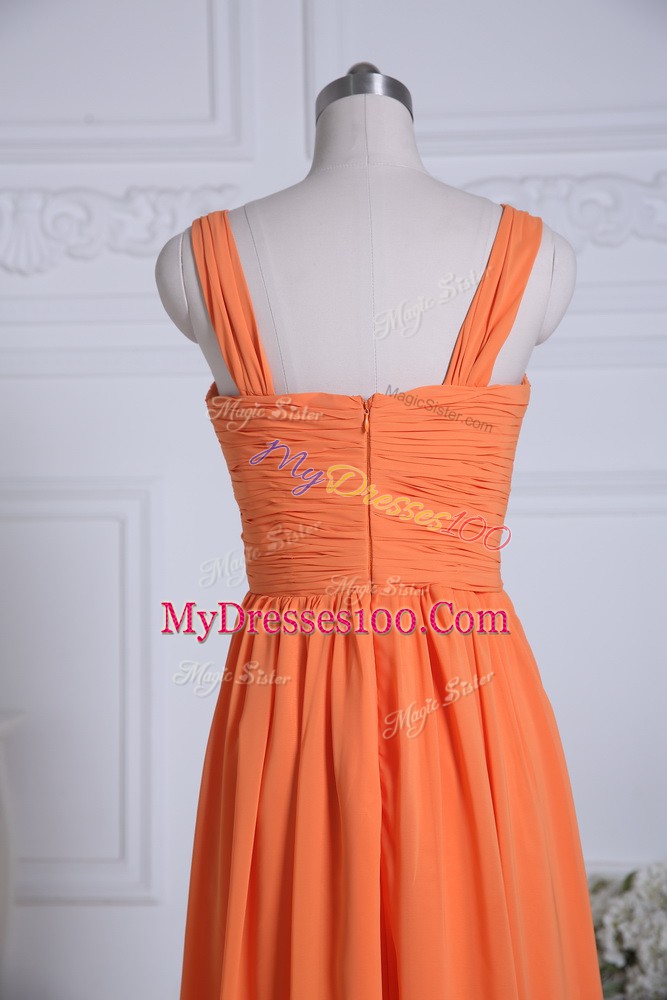 Orange Sleeveless Ruching Floor Length Quinceanera Dama Dress