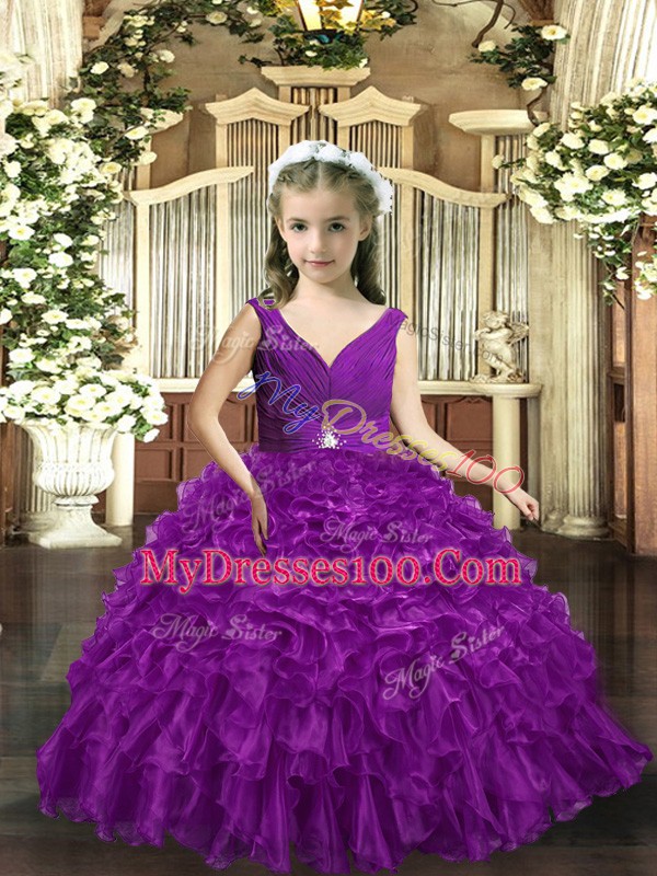 Floor Length Ball Gowns Sleeveless Eggplant Purple Pageant Gowns For Girls Backless
