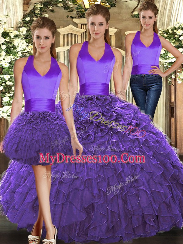 Enchanting Purple Organza Lace Up Halter Top Sleeveless Floor Length Sweet 16 Quinceanera Dress Ruffles
