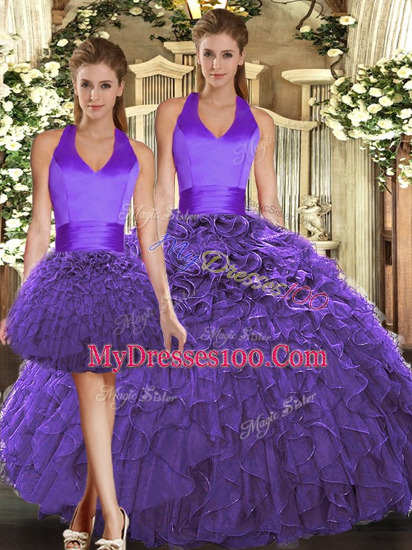 Enchanting Purple Organza Lace Up Halter Top Sleeveless Floor Length Sweet 16 Quinceanera Dress Ruffles