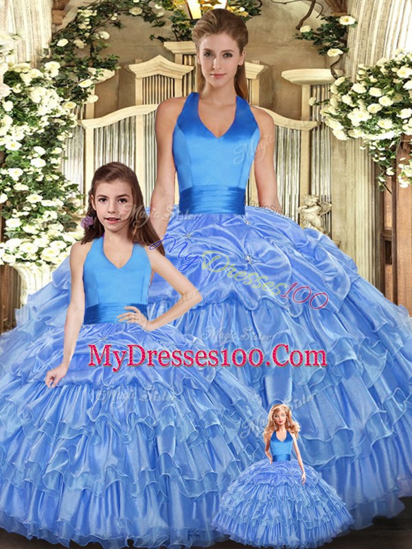 Unique Organza Halter Top Sleeveless Lace Up Ruffles and Pick Ups Vestidos de Quinceanera in Baby Blue