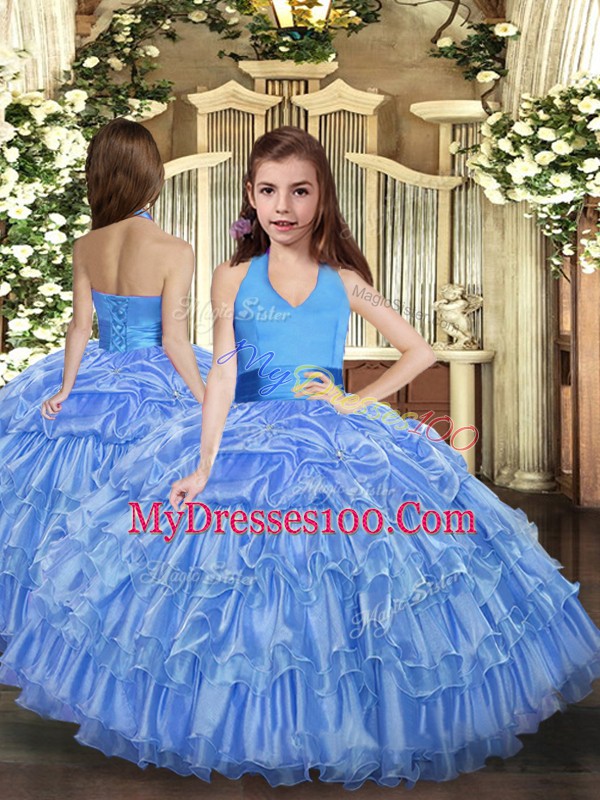 Unique Organza Halter Top Sleeveless Lace Up Ruffles and Pick Ups Vestidos de Quinceanera in Baby Blue