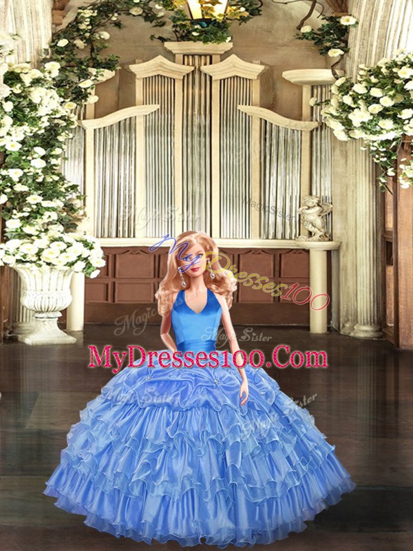 Unique Organza Halter Top Sleeveless Lace Up Ruffles and Pick Ups Vestidos de Quinceanera in Baby Blue