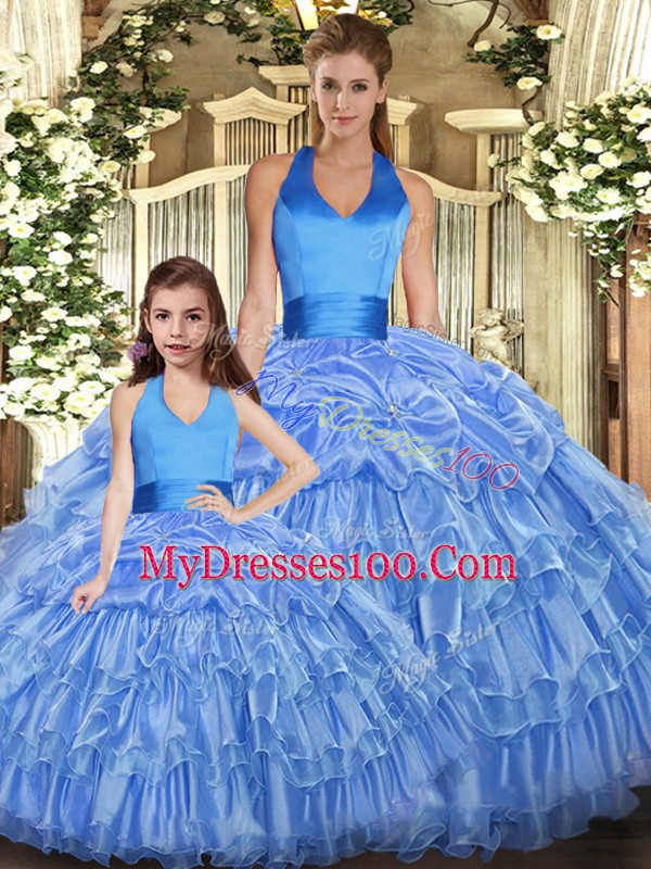 Unique Organza Halter Top Sleeveless Lace Up Ruffles and Pick Ups Vestidos de Quinceanera in Baby Blue