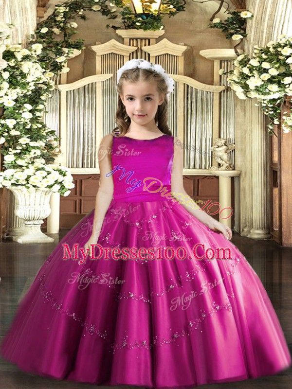 Superior Floor Length Lace Up Girls Pageant Dresses Fuchsia for Party and Wedding Party with Beading