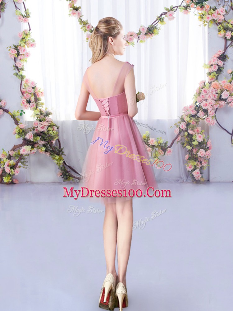 New Arrival Pink Sleeveless Tulle Lace Up Bridesmaids Dress for Wedding Party
