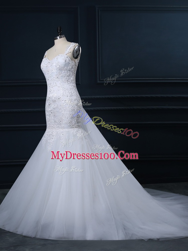 Popular White Wedding Gowns Straps Sleeveless Watteau Train Side Zipper