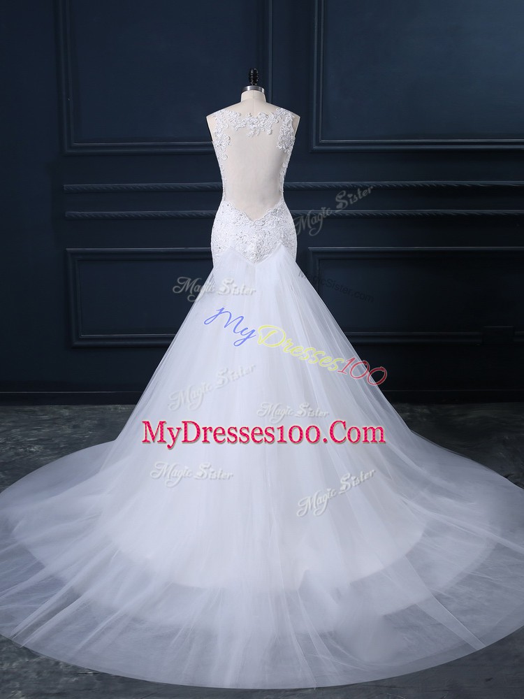 Popular White Wedding Gowns Straps Sleeveless Watteau Train Side Zipper