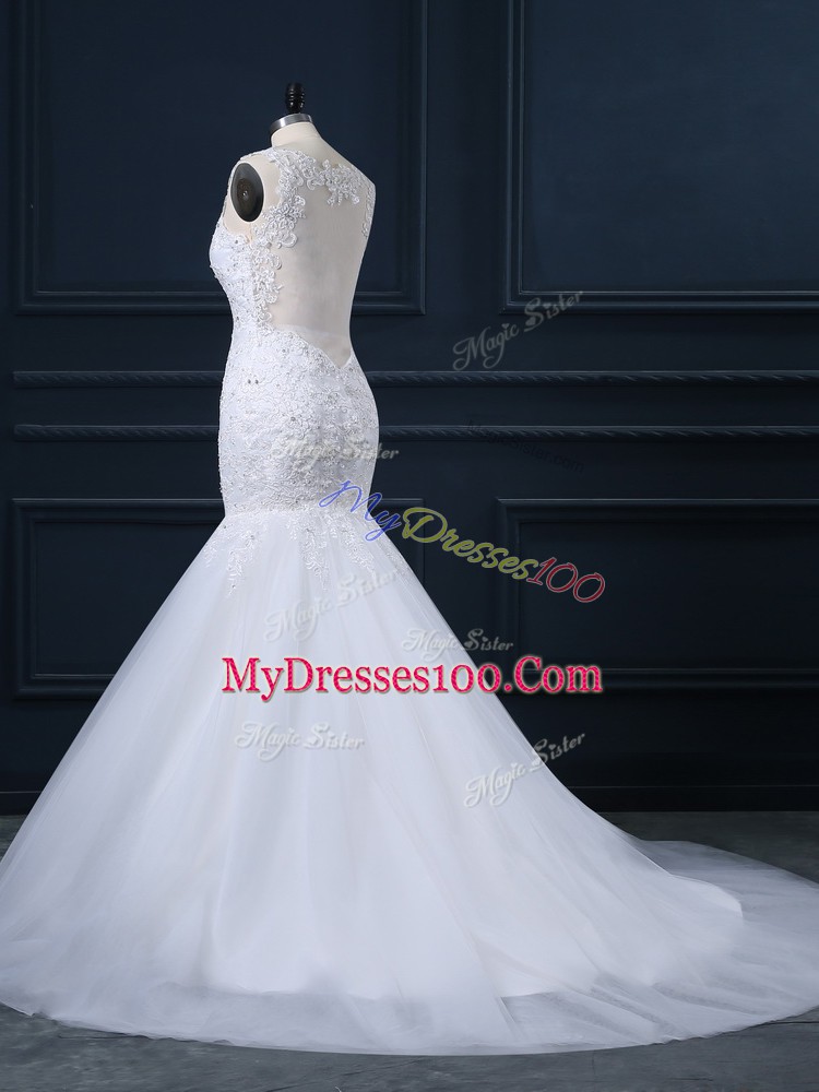 Popular White Wedding Gowns Straps Sleeveless Watteau Train Side Zipper