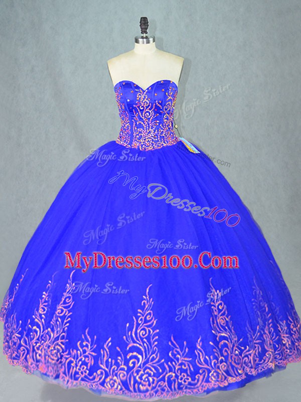 Blue Ball Gowns Beading Vestidos de Quinceanera Lace Up Tulle Sleeveless Floor Length