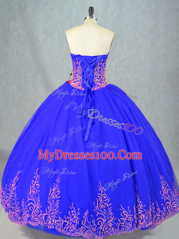 Blue Ball Gowns Beading Vestidos de Quinceanera Lace Up Tulle Sleeveless Floor Length
