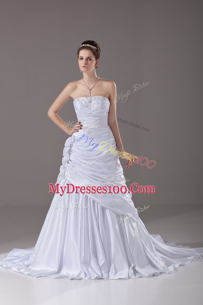 White Sleeveless Beading and Pick Ups and Hand Made Flower Lace Up Wedding Gown