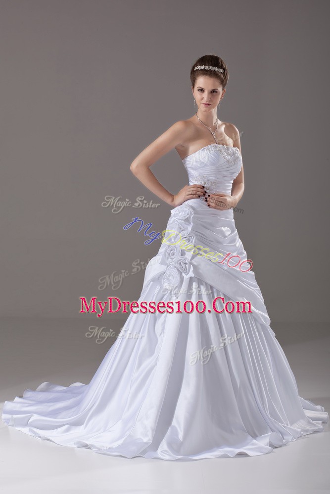 White Sleeveless Beading and Pick Ups and Hand Made Flower Lace Up Wedding Gown