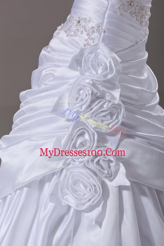 White Sleeveless Beading and Pick Ups and Hand Made Flower Lace Up Wedding Gown