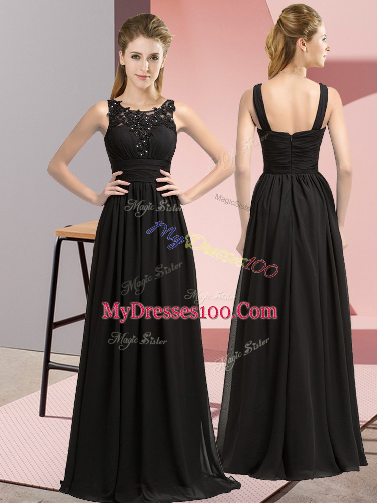 Pretty Chiffon Scoop Sleeveless Zipper Beading and Appliques Bridesmaids Dress in Black