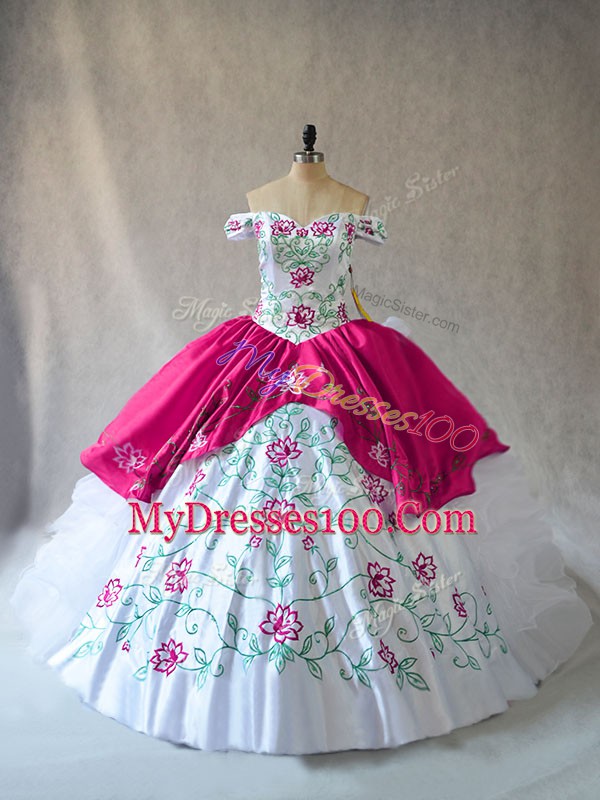 Flirting Off The Shoulder Sleeveless Organza Quince Ball Gowns Embroidery and Ruffles Lace Up