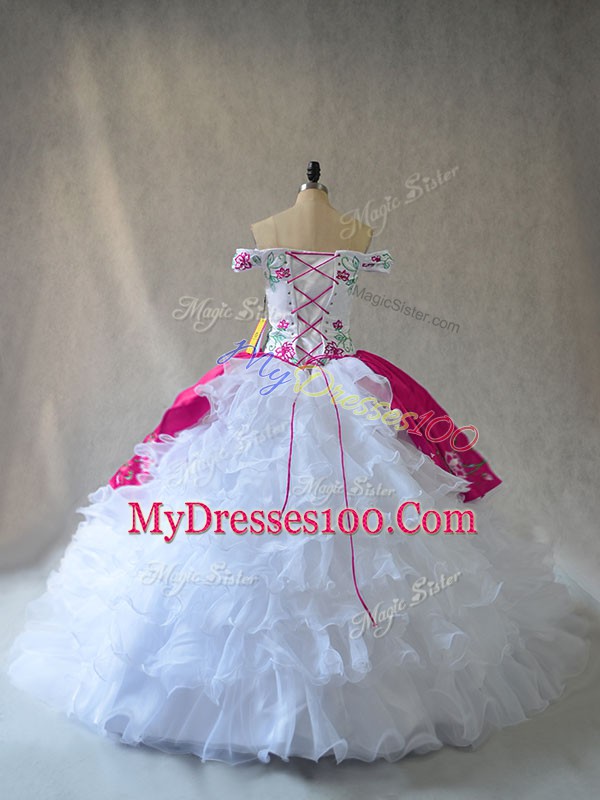 Flirting Off The Shoulder Sleeveless Organza Quince Ball Gowns Embroidery and Ruffles Lace Up