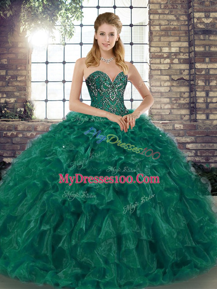Wonderful Green Sleeveless Floor Length Beading and Ruffles Lace Up Sweet 16 Quinceanera Dress