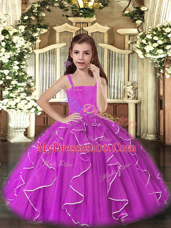 Glorious Floor Length Lace Up Pageant Dress for Girls Purple for Party and Wedding Party with Ruffles