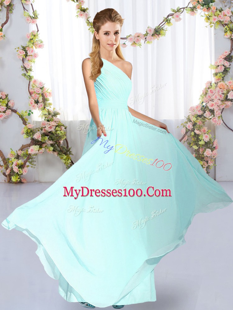 Designer Sleeveless Floor Length Ruching Lace Up Dama Dress with Blue