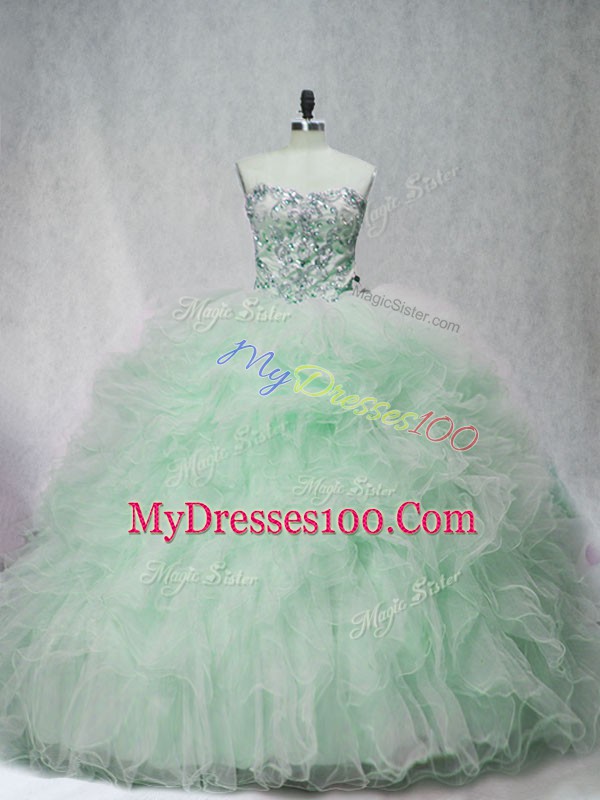 Tulle Strapless Sleeveless Brush Train Lace Up Beading and Ruffles Sweet 16 Dress in Apple Green