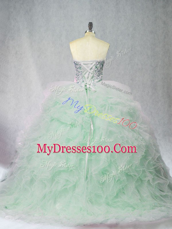 Tulle Strapless Sleeveless Brush Train Lace Up Beading and Ruffles Sweet 16 Dress in Apple Green