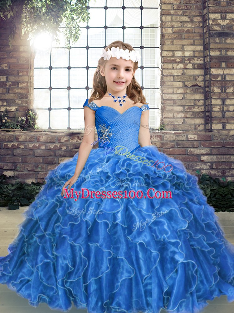 Enchanting Blue Sleeveless Organza Lace Up Little Girls Pageant Gowns for Party and Wedding Party